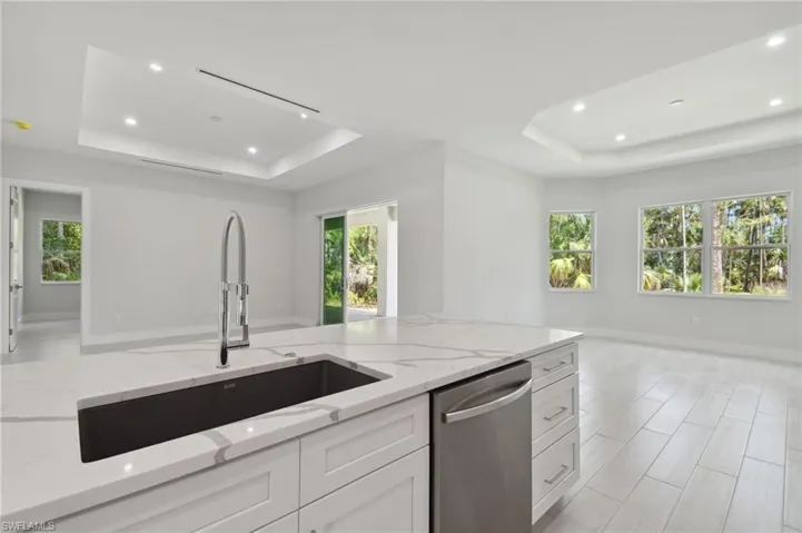 Kitchen with a healthy amount of sunlight, stainless steel dishwasher, and a tray ceiling