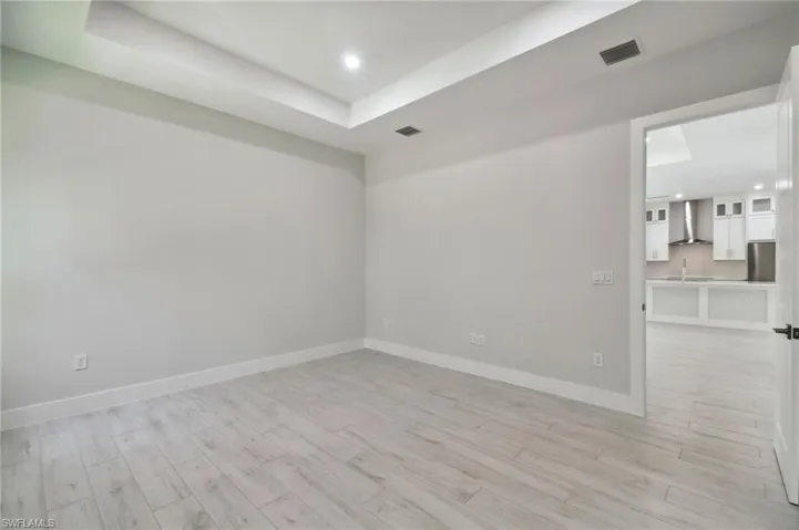 Spare room with a tray ceiling, sink, and light hardwood / wood-style flooring