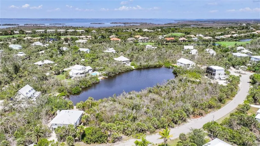 Aerial perspective of suburban area with a large body of water and a tree filled landscape