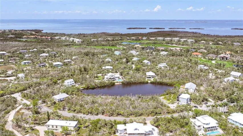 Aerial perspective of suburban area featuring a large body of water