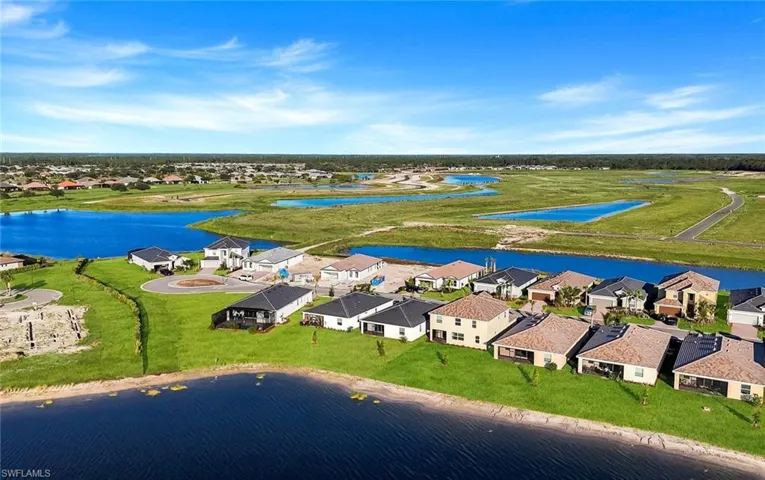 Aerial perspective of suburban area with a nearby body of water