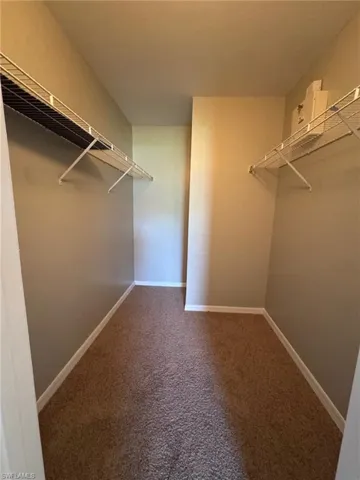 Walk in closet with dark colored carpet