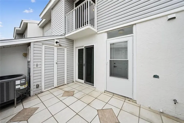 Private courtyard with storage shed