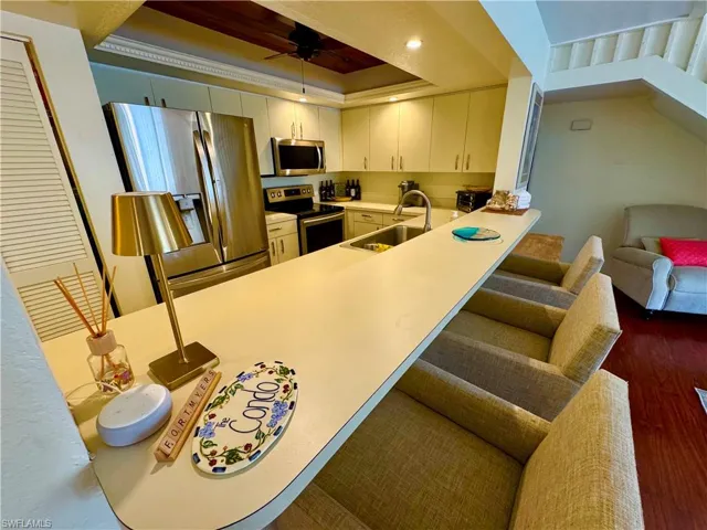 Kitchen featuring stainless steel appliances, a peninsula, a sink, a kitchen bar, and a raised ceiling