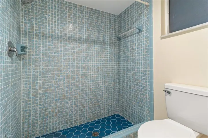 Bathroom with tiled shower and toilet