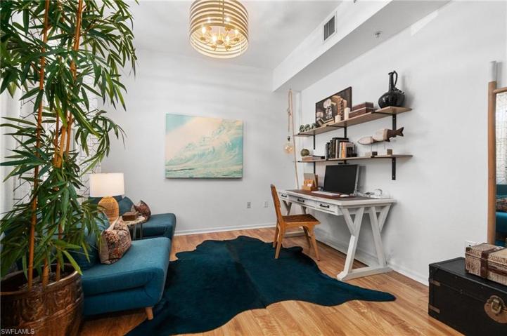 The den is a boho inspired escape, with custom shelving and light fixtures, while the Chairs offer a double bed for guests.