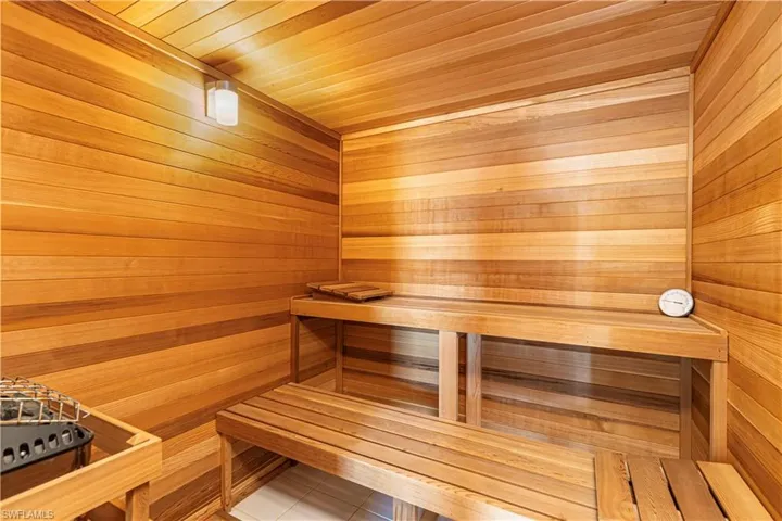 View of sauna with tile patterned floors