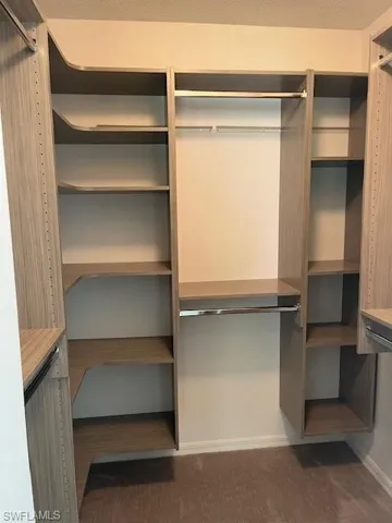 Walk in closet with dark carpet
