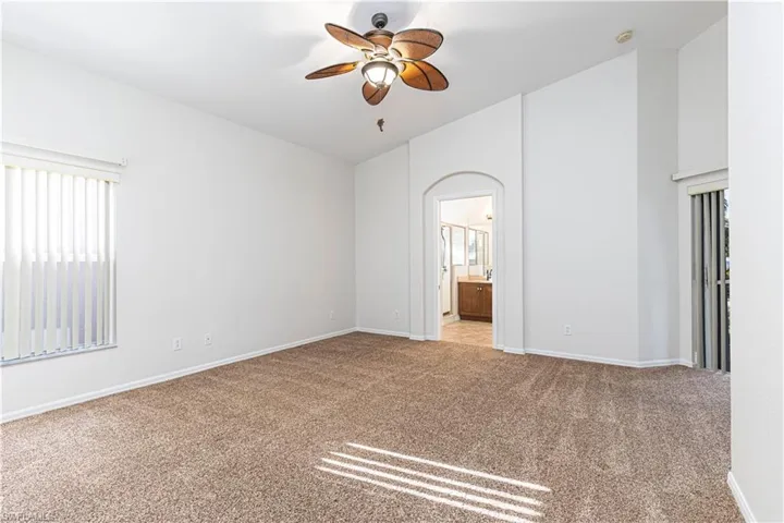 Carpeted empty room featuring baseboards, a healthy amount of sunlight, and ceiling fan