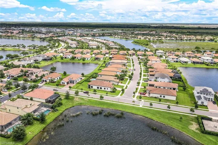 Aerial view of residential area featuring a nearby body of water