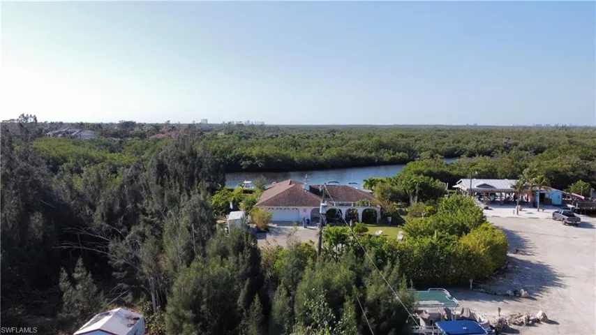 Drone / aerial view with a water view and a forest view