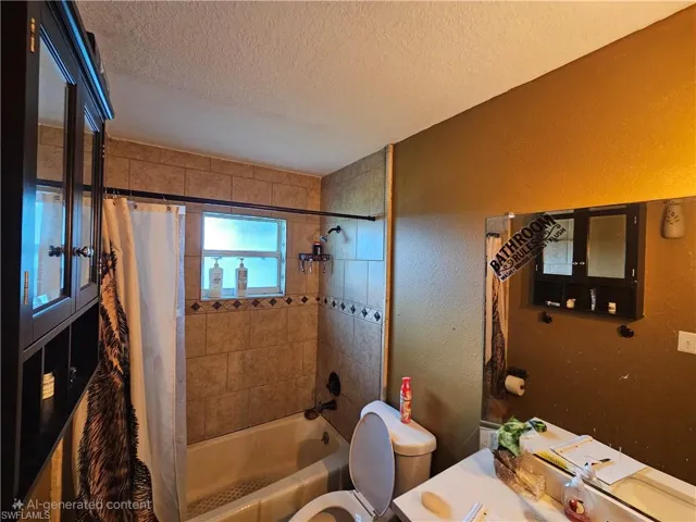 Full bath featuring toilet, vanity, shower / bathtub combination with curtain, a textured ceiling, and a textured wall