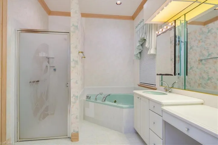 Primary bathroom w/soaking tub, shower, dual sinks, separate water closet and walk-in closet