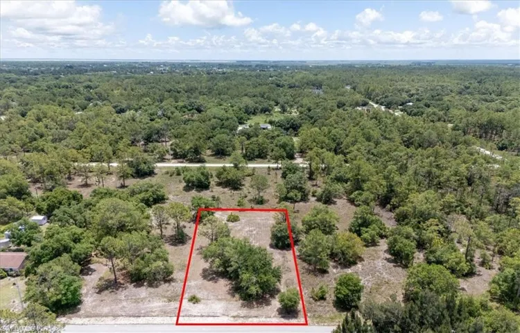 Aerial overview of property's location featuring a forest and property parcel outlined