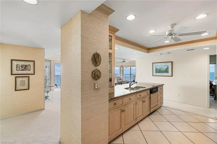 Open, tiled kitchen
