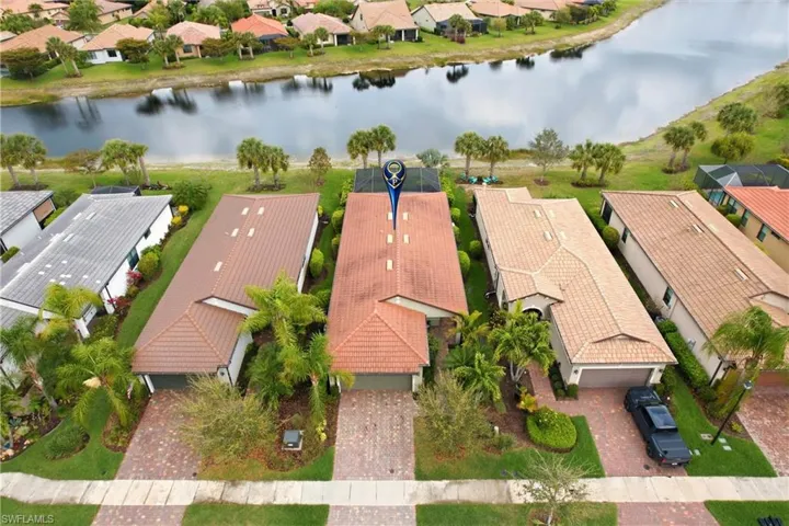 Aerial view of residential area with a lake view.