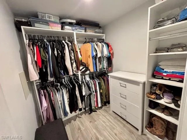 Spacious closet featuring light wood-style flooring