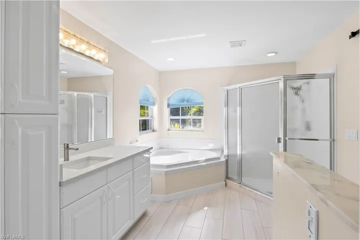 Well-designed master bath combining a large walk-in shower and a relaxing tub.
