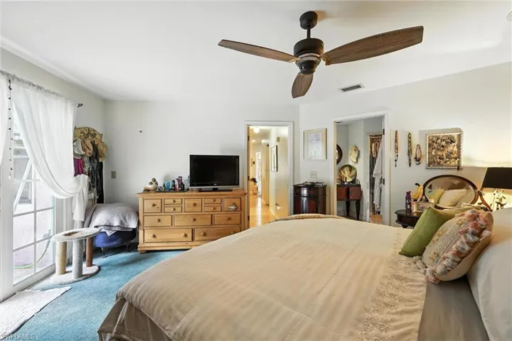 Carpeted bedroom featuring a walk in closet, ceiling fan, and access to outside