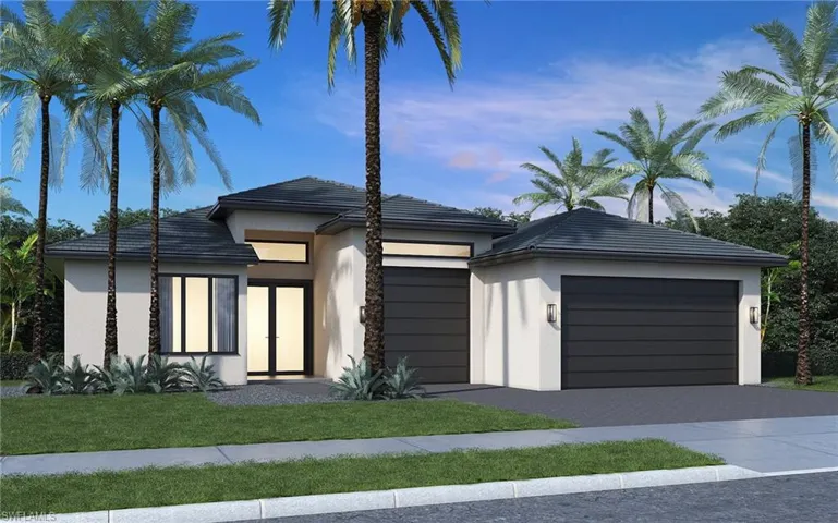 View of front of property with an attached garage, driveway, french doors, stucco siding, and a front yard