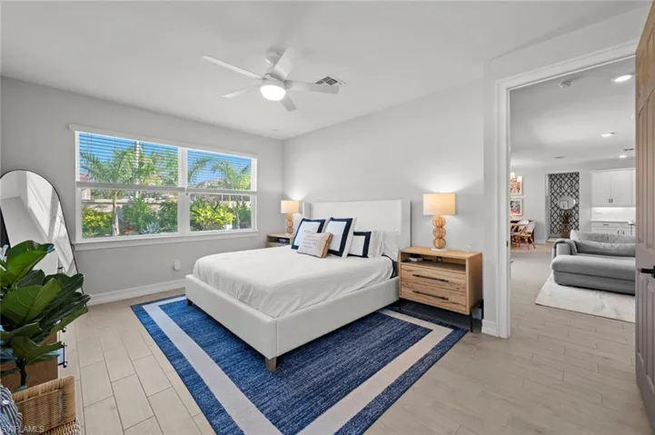 Bedroom with wood finish floors and a ceiling fan