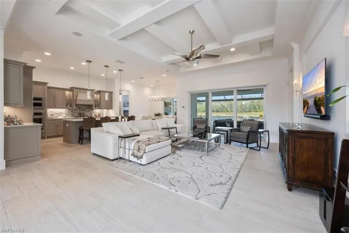 Great room with gorgeous coffered ceiling