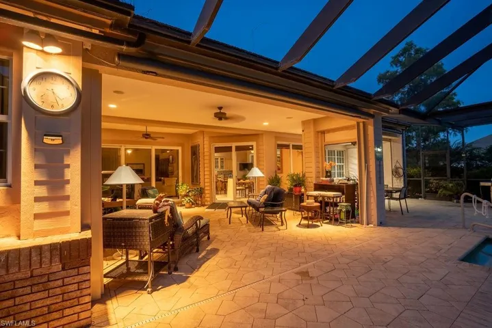 Patio terrace at twilight with ceiling fan