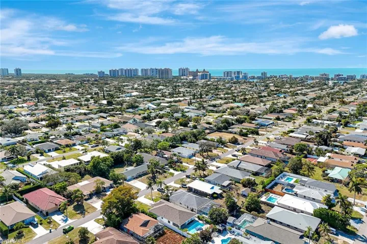 Aerial overview of property's location featuring skyline