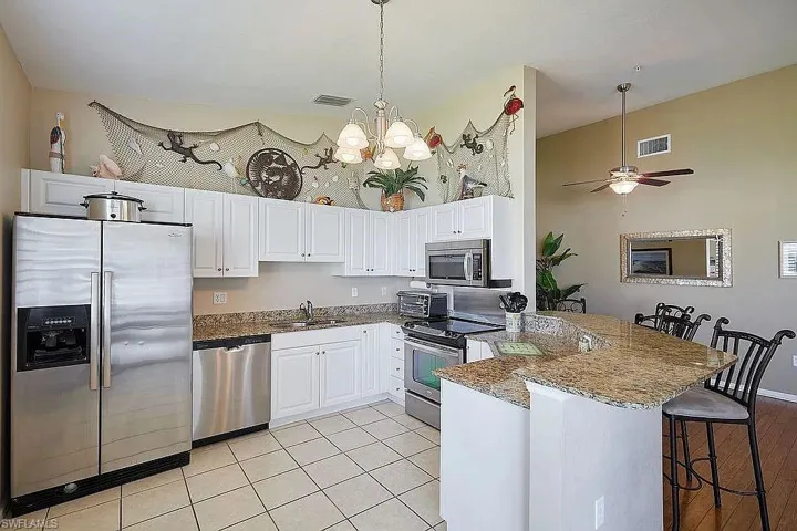 Kitchen with appliances with stainless steel finishes, a peninsula, a breakfast bar area, and white cabinetry