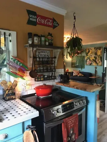 Kitchen featuring hardwood / wood-style flooring, ornamental molding, and stainless steel electric stove