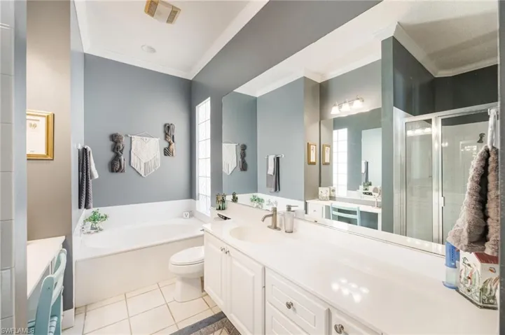 Bathroom featuring vanity, a shower stall, a garden tub, ornamental molding, and light tile patterned floors