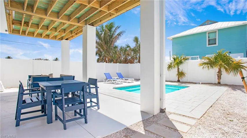 View of pool featuring a patio, a fenced backyard, and outdoor dining area