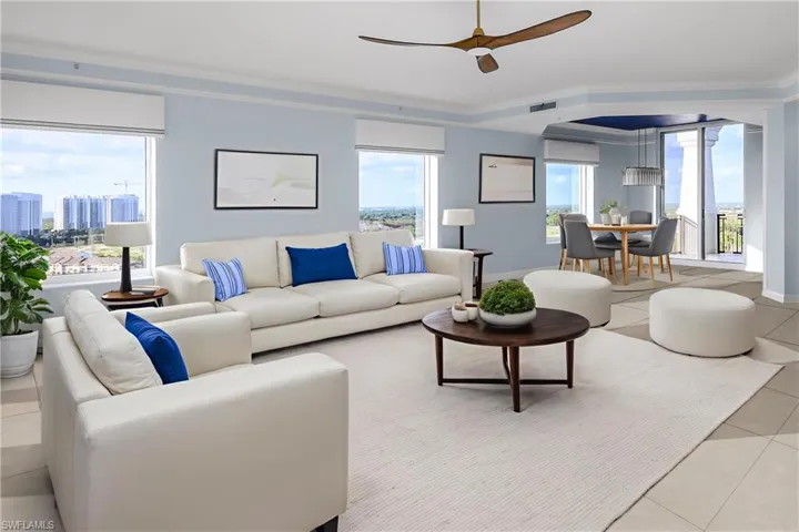 Views of the horizon, and, inside, loking to dining area alongside expansive great room.