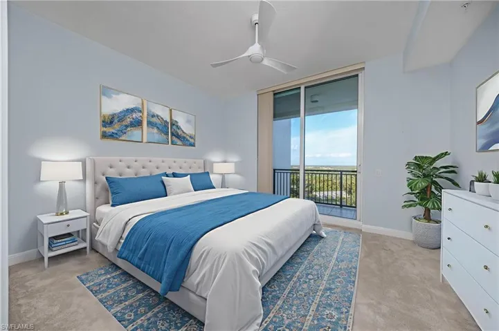 An en suite guest room; virtually staged.  Open air balcony access.
