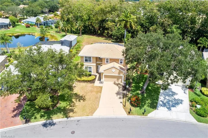 Birds eye view of property with a water view