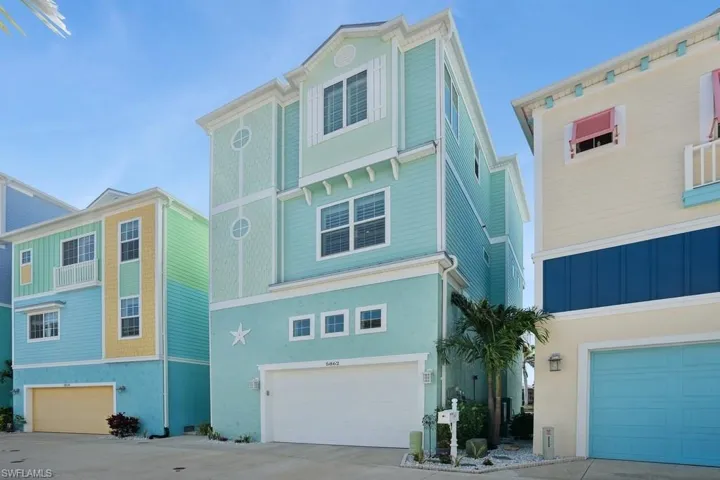 Coastal inspired home featuring board and batten siding, the garage, and stucco