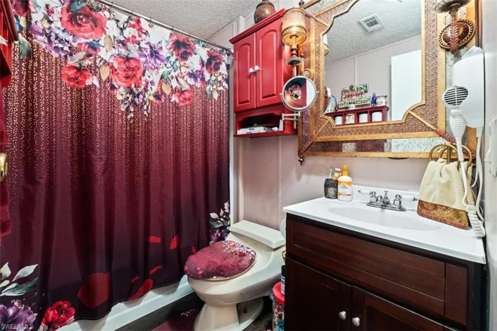 Full bathroom with vanity, a textured ceiling, and a shower with shower curtain