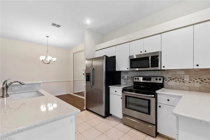 Kitchen with visible vents, a sink, white cabinetry, stainless steel appliances, and backsplash