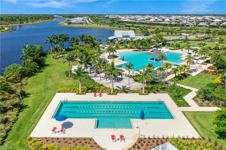 Drone / aerial view of  Lap Pool area and a large body of water