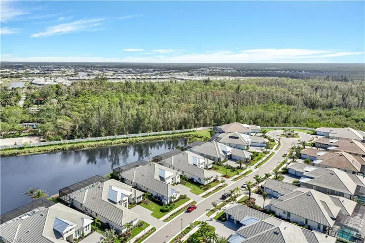 Aerial view of residential area featuring a nearby body of water and a forest