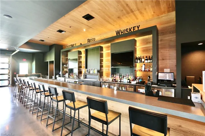 Indoor dry bar featuring wooden ceiling and wooden walls