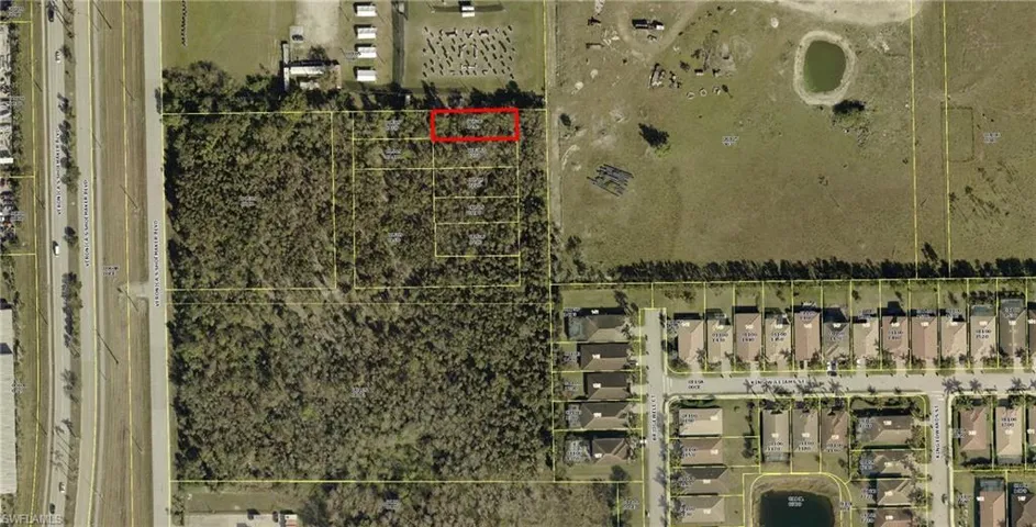 Aerial overview of property's location featuring property boundaries highlighted