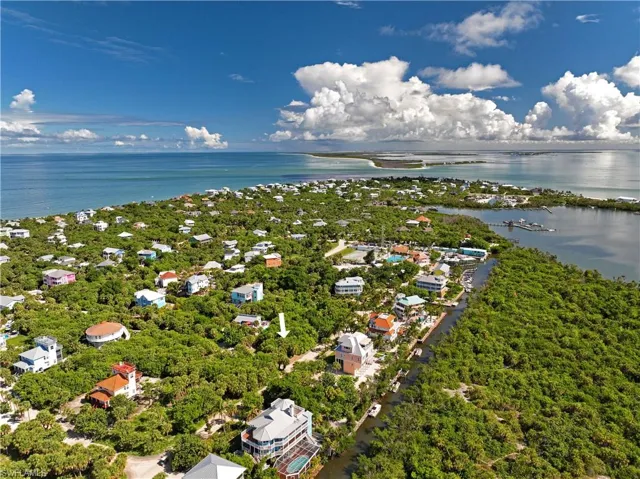 Birds eye view of property with a water view