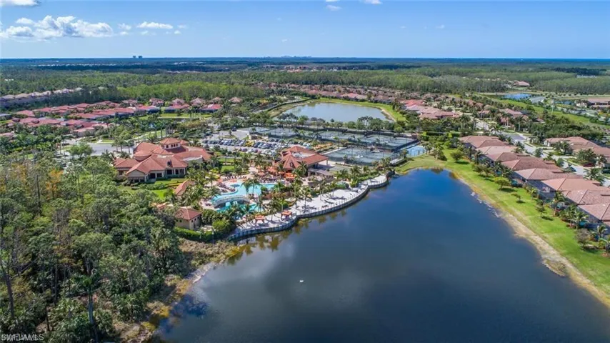 Birds eye view of property with a water view