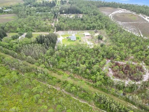 Aerial view of property and surrounding area with a forest