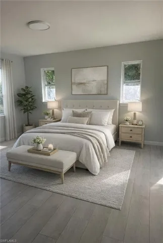 Virtual Staging Bedroom with wood finished floors and baseboards