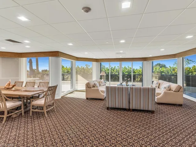 Carpeted living room with plenty of natural light and a drop ceiling