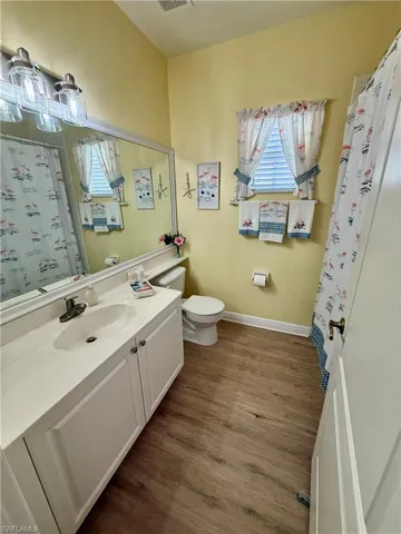Bathroom with toilet, healthy amount of natural light, vanity, and wood finished floors