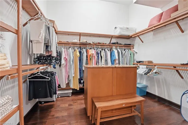 Walk in closet featuring dark wood-style floors