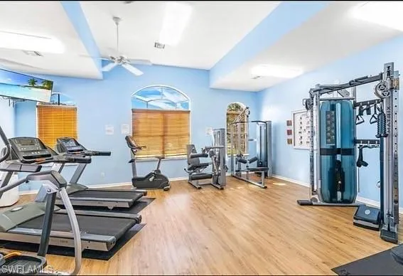 Exercise room featuring wood-type flooring and ceiling fan